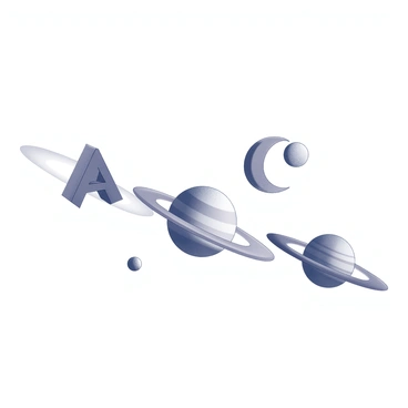 A solar system with three planets orbiting a central sun. The first planet is shaped like the letter "A," featuring distinct angular edges and a triangular form. The second planet is formed in the shape of the letter "B," showcasing two rounded sections on one side. The third planet resembles the letter "C," characterized by its crescent-like curve. The sun at the center radiates light, illuminating the orbits of these uniquely shaped planets. Each planet is positioned at different distances from the sun, creating a dynamic and visually interesting layout in the solar system.