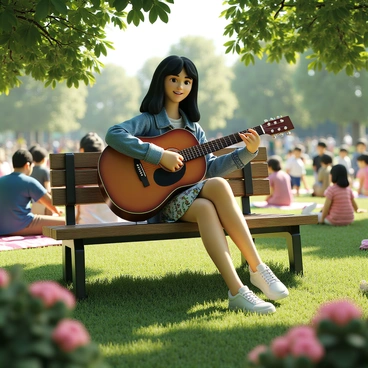 Ichinose, a young woman with long, flowing black hair, is seated on a wooden bench in a vibrant park. She is wearing a casual denim jacket over a floral dress, and she has a focused expression as she plays an acoustic guitar. The guitar has a rich, glossy finish, and her fingers skillfully move across the strings. Around her, a diverse group of people is gathered, some sitting on picnic blankets, while others stand, swaying to the rhythm of the music. The sun shines through the trees, casting dappled light on the scene, and a few children can be seen dancing nearby, adding to the lively atmosphere.