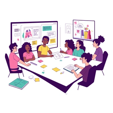 A white digital conference table is set in a virtual meeting room filled with six diverse students engaged in a brainstorming session for their group project in an illustration course. Each student is depicted on their own screen, showing various expressions of concentration and enthusiasm. There are colorful sticky notes scattered across the virtual space, some with illustrations and others with ideas written in bold. On one side of the table, a teal sketchbook is open, displaying rough drafts of potential designs. A chat box is visible in the corner, filled with quick messages and suggestions from the team members. In the background of each screen, personal touches like art supplies and books can be seen, hinting at their individual styles and interests.