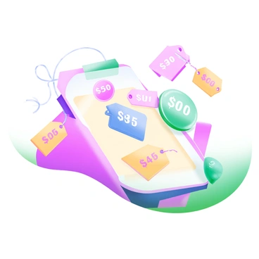 A modern pastel illustration featuring an array of price tag labels in different shapes and colors. Each tag displays various prices in clear, bold fonts. The tags are arranged in a visually appealing pattern against a neutral background, with some tags hanging from thin strings and others lying flat. The colors of the tags include soft pinks, blues, yellows, and greens, providing a vibrant contrast with the background.