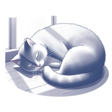A fluffy house cat is curled up, sleeping peacefully in a warm sunbeam. The cat's fur is thick and soft, creating a cozy appearance as it lies on a surface of polished wooden floorboards. The sunlight streams in from a nearby window, casting a gentle glow around the cat, highlighting its relaxed posture. The wooden floor features a rich texture, with visible grain patterns that complement the serene scene.