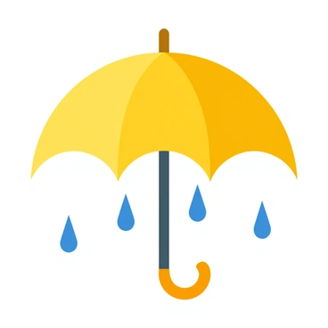 An open umbrella with raindrops falling around it.