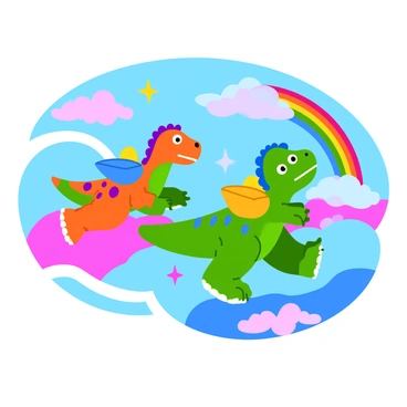 A whimsical illustration of dinosaurs wearing rocket packs soaring through a fantastical sky.