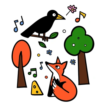A cartoon illustration depicting a crow and a fox in a whimsical forest setting. The crow is perched on a branch, with glossy black feathers and bright, inquisitive eyes. Below, the fox is sitting on the ground, with orange fur, a bushy tail, and clever, bright eyes looking up at the crow. The two animals are surrounded by playful, colorful symbols, such as a piece of cheese and musical notes, illustrating the story's playful interaction. The background features vibrant trees and flowers, enhancing the lively atmosphere of the scene.