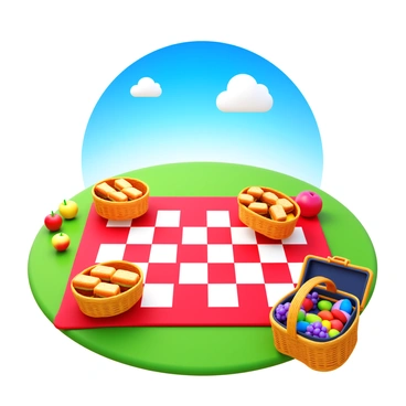 A checkered picnic blanket spread on a grassy area. Several wicker baskets filled with assorted sandwiches are placed on one side. Fresh fruit, including apples and grapes, is arranged artfully on the blanket. A bright blue sky is visible above, with a few fluffy clouds floating. Nearby, a picnic basket is open, revealing a variety of colorful snacks and drinks.