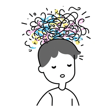 A person with short hair, sitting with their head slightly bowed. The top of their head is filled with a dense cluster of colorful tangled strings in various shades, illustrating the concept of overwhelming thoughts. The person's eyes are closed, and their expression is one of deep concentration. Their clothing is simple, a plain shirt without any patterns, allowing the tangled strings to be the focal point of the image.