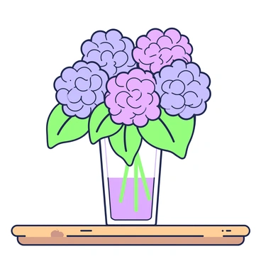 A bouquet of hydrangeas is arranged in a glass vase on a wooden table. The vase is cylindrical and transparent, revealing the water inside. The hydrangeas feature clusters of rounded blooms in shades of blue and violet, with lush green leaves peeking out from around the base. The table has a natural wood grain, adding texture to the scene, while soft light illuminates the petals and creates gentle shadows on the table surface.