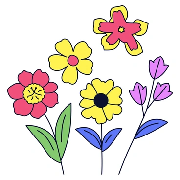 A minimalistic cartoon illustration featuring various native flowers. The flowers have distinct shapes and bright colors, including yellows, reds, and purples. Each flower is stylized with simple lines and soft curves, showcasing elements like petals and leaves. The background is a solid light color to enhance the vibrancy of the flowers.