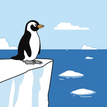 A curious penguin with black and white feathers is perched on the edge of a steep icy cliff. Its round eyes are wide with wonder as it peers down towards the icy waters below. The penguin stands on its two webbed feet, slightly leaning forward, with its flippers extended to maintain balance. The cliff is composed of jagged, bright white ice, glistening under the sunlight. In the background, a few scattered icebergs float in the blue ocean. The sky above is a clear light blue, with a few fluffy white clouds dotting the horizon.