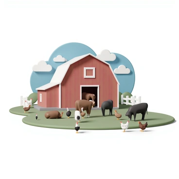 A red barn sits prominently in the center of a quaint barnyard, with its wooden structure and white trim shining under the daylight. There are several brown and black cows grazing peacefully on the lush green grass, some of them resting while others are standing, chewing cud. Nearby, a group of chickens is pecking the ground, searching for grains and insects, their feathers a mix of brown, white, and black. The background is filled with a clear blue sky and a few fluffy white clouds, completing the serene farm atmosphere.