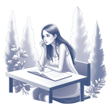 A young woman named Emily sits at a wooden table in an outdoor setting. She has long hair and is wearing a simple dress. Surrounding her are various elements of nature, including tall trees and blooming flowers. A notebook is open in front of her, and she holds a pen poised over the page as she appears deep in thought. Sunlight filters through the leaves, casting patterned shadows on her desk. A gentle breeze makes the pages of her notebook flutter slightly, adding to the tranquil atmosphere.