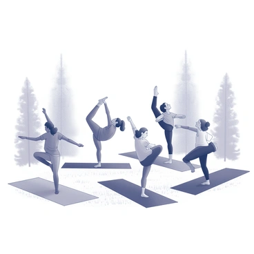 A group of five individuals is practicing yoga outdoors in a natural setting. They are arranged in a semi-circle, each person is performing a different yoga pose, showcasing various levels of flexibility and balance. The individuals have diverse appearances, with varying hair lengths, styles, and clothing. The ground beneath them is covered in soft grass, and there are trees providing a backdrop. Some individuals are using yoga mats, while others are on the grass directly. The scene conveys a sense of focus, concentration, and connection with nature.
