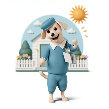 A dog, wearing a classic blue postman uniform complete with a cap, is standing on its hind legs. The dog has a shiny coat, and its ears are perked up, displaying excitement. There is a small mailbag slung over its shoulder, half-open with letters sticking out. The dog is in front of a quaint house with a white picket fence, and there are colorful flowers blooming nearby. The sky is clear, and the sun is shining brightly, adding a cheerful ambiance to the scene.