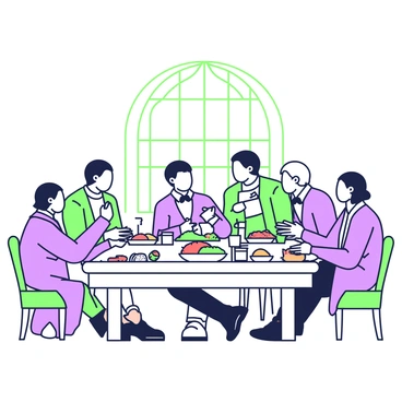 A group of delegates is seated around a large wooden table, enjoying a meal. Each delegate has a plate filled with a variety of foods, including salads, meats, and bread. Some delegates are animatedly discussing, leaning forward with intent expressions, while others are taking notes or looking at documents related to the constitution. A few glasses of water and cups of coffee are placed on the table. The atmosphere shows a blend of formal and casual as the delegates engage in thoughtful conversation. The room is well-lit, with a large window providing natural light.