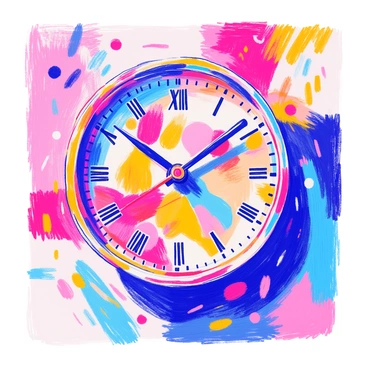 A wall clock features an abstract design that includes swirling shapes and vibrant colors, diverging from conventional timekeeping. The clock face is circular and displays hour markings in a non-linear arrangement. The clock hands are uniquely shaped, one resembling a brushstroke and the other an elongated spiral. The background is a blend of colors that create a dynamic visual effect, enhancing the clock's modern appearance. The clock is mounted on a white wall, allowing the colors to stand out prominently.