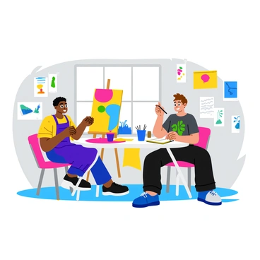 Two illustrators sit together in a brightly lit studio, surrounded by various art supplies and colorful sketches. One illustrator, wearing a blue apron, is working on a large canvas on an easel, using vibrant paints. The other illustrator, dressed in a t-shirt with a playful design, is seated at a table, sketching ideas in a notebook. The walls of the studio are adorned with posters and art pieces, creating an inspiring atmosphere. A large window lets in natural light, casting soft shadows across the room. Both illustrators appear focused and engaged in their collaboration, sharing ideas and materials as they create their artwork.