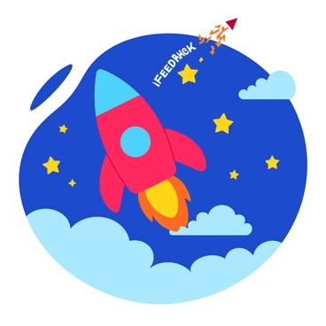 A colorful rocket labeled "Feedback" is launching into the sky. The rocket is painted in bright red and blue, with bold letters on its side. It is positioned at an angle, with flames bursting from its engine. As it ascends, it leaves a sparkling trail of stars in various sizes and colors, twinkling against the deep blue of the evening sky. The scene captures the excitement of the rocket's launch, with a few clouds scattered around it.