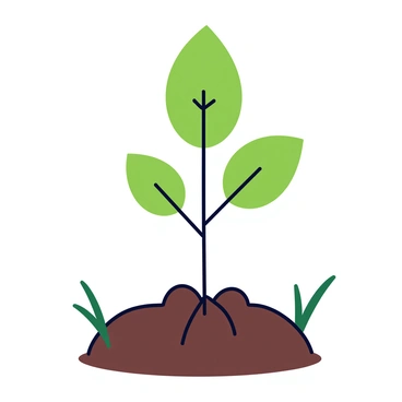 A small tree with a slender trunk and vibrant green leaves is being replanted in rich, dark brown soil. The roots of the tree are partially visible as they spread out into the soil. The leaves are vivid and are positioned as if they are reaching upward toward the clear blue sky. Surrounding the tree are small patches of grass, indicating a nurturing environment.