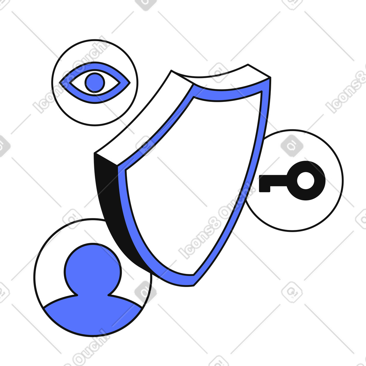 下载 Main 风格的 Security shield protecting user privacy with eye monitoring and key 插画，支持 PNG、SVG 格式