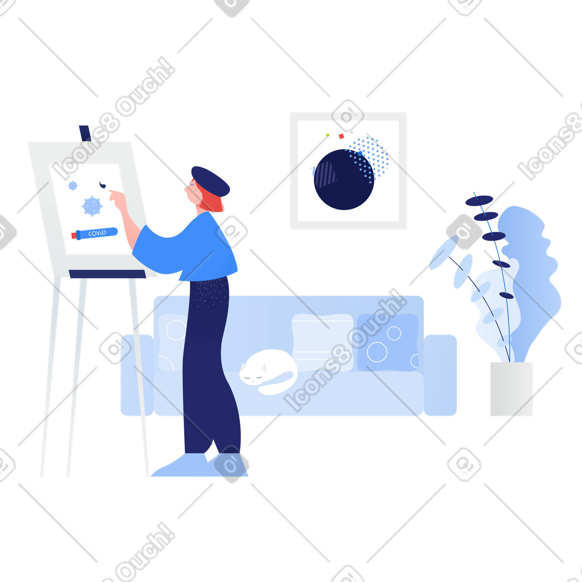 Donna che dipinge su tela a casa illustrazione in stile Clip scarica in PNG, SVG