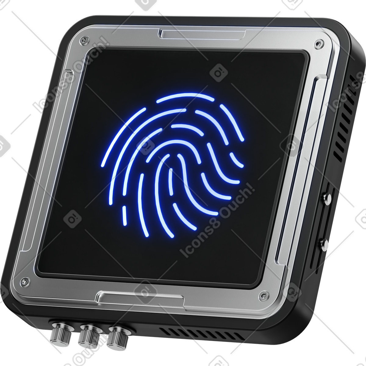 Biometric authentication terminal displaying blue fingerprint symbol for security illustrazione in stile 3D Metallic scarica in PNG, SVG