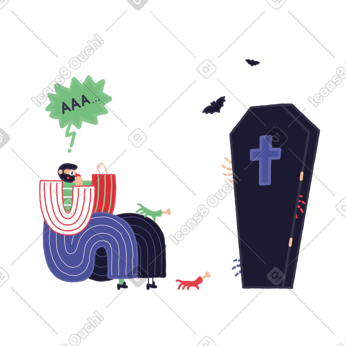 Mann wird von bösen geistern aus einem sarg erschreckt-Illustration im Stripy-Stil als Download in PNG, SVG