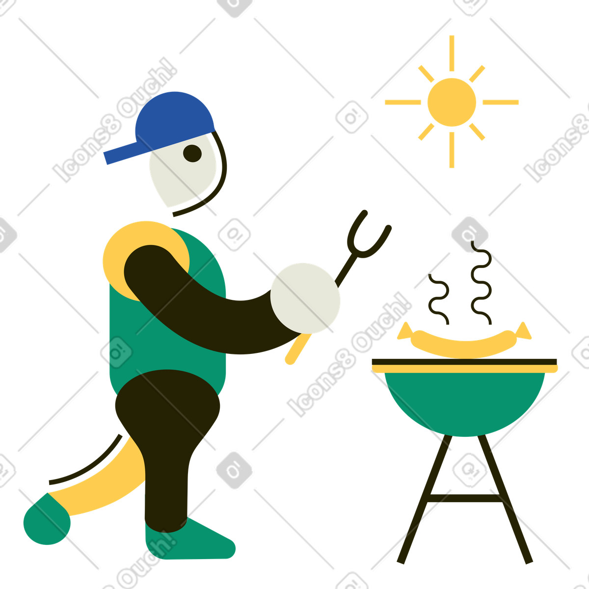 Uomo che griglia hot dog sul barbecue illustrazione in stile Spot scarica in PNG, SVG
