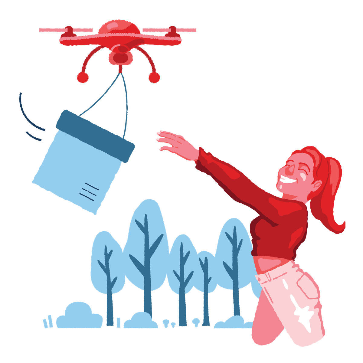 下载 Cherry 风格的 Woman getting a package delivered by drone 插画，支持 PNG、SVG 格式