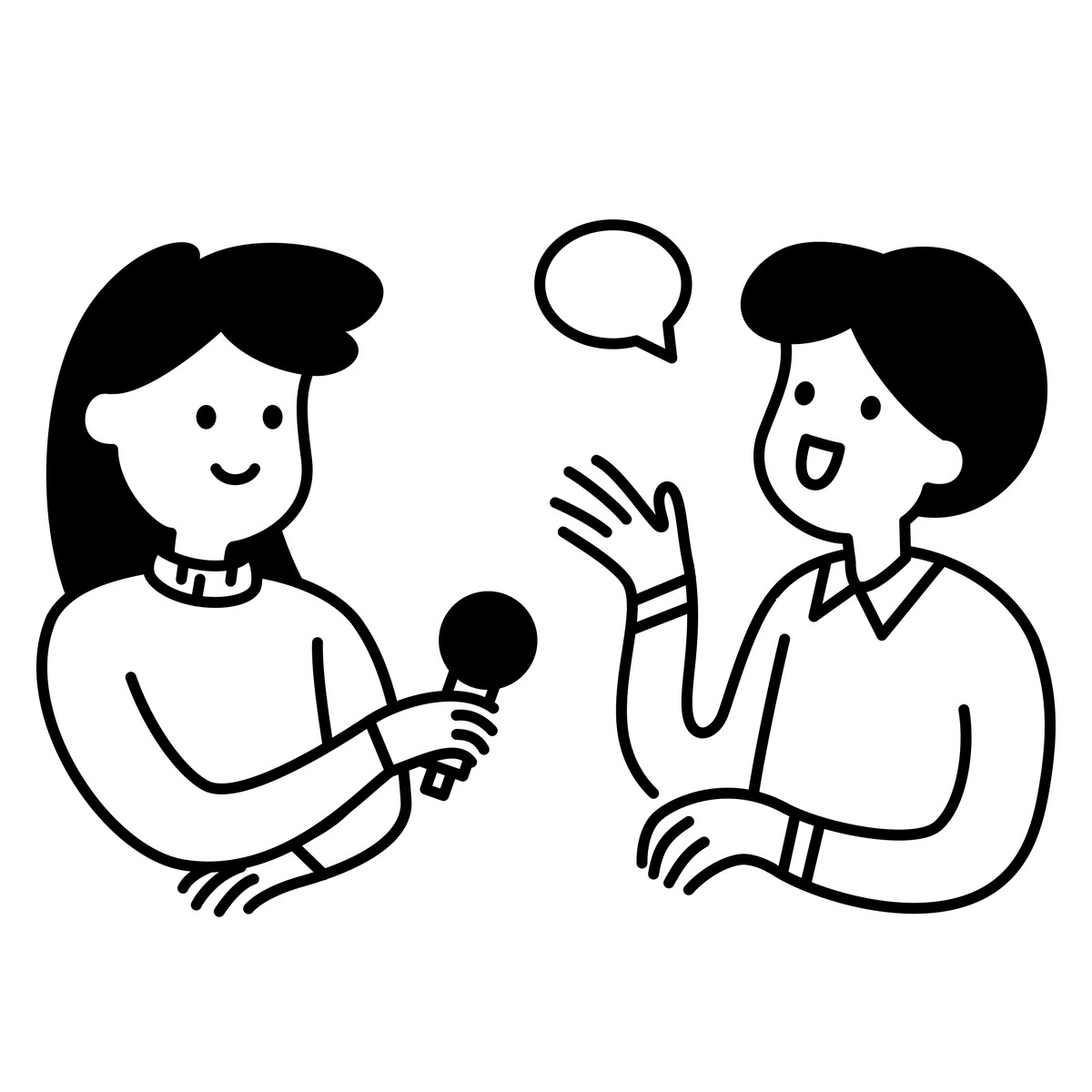 Ilustração de Journalist conducting interview conversation with microphone and speaking participant em no estilo Notion Line Art para baixar em PNG, SVG