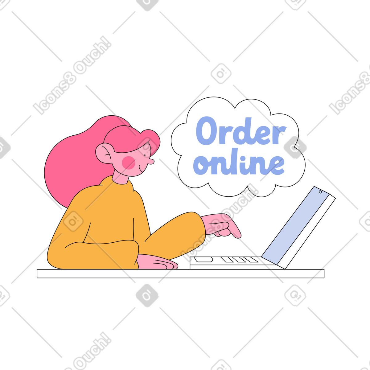 Schriftzug online bestellen und ein mädchen kauft-Illustration im Bloom-Stil als Download in PNG, SVG
