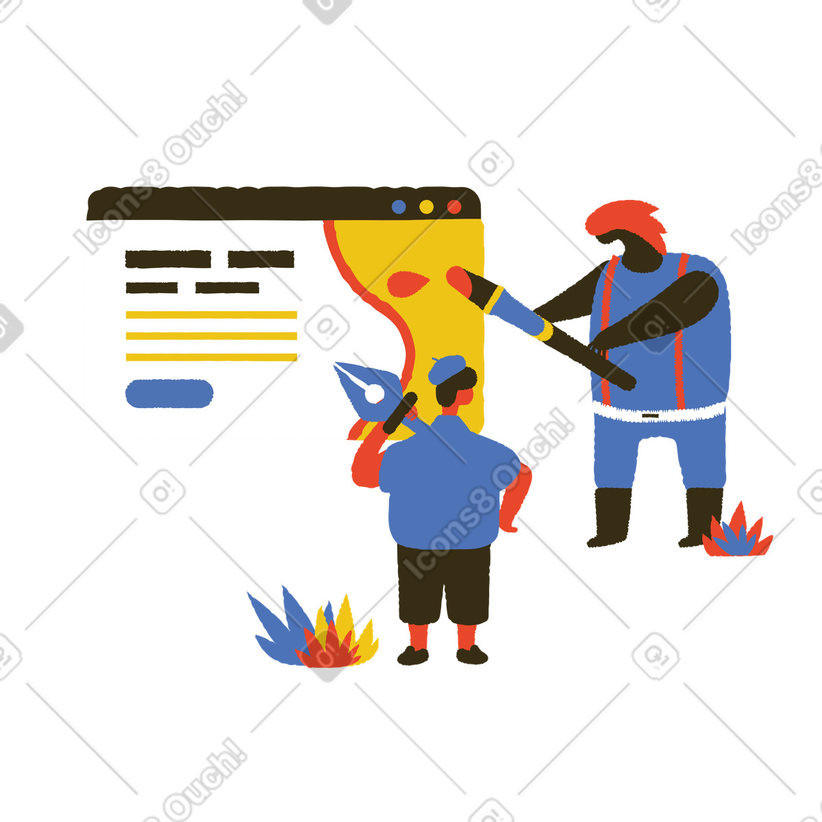 Two men designing website with tools illustration in Bermuda style download in PNG, SVG