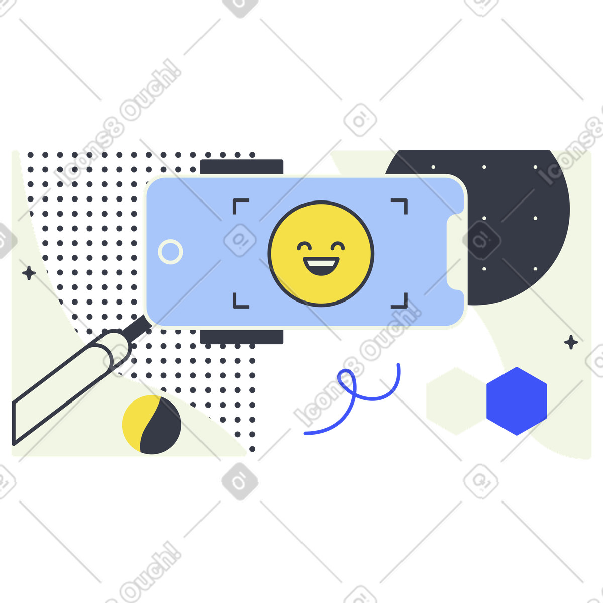 Smartphone on selfie stick framing smiley, Digital photography and taking selfies illustration in Abstract style download in PNG, SVG