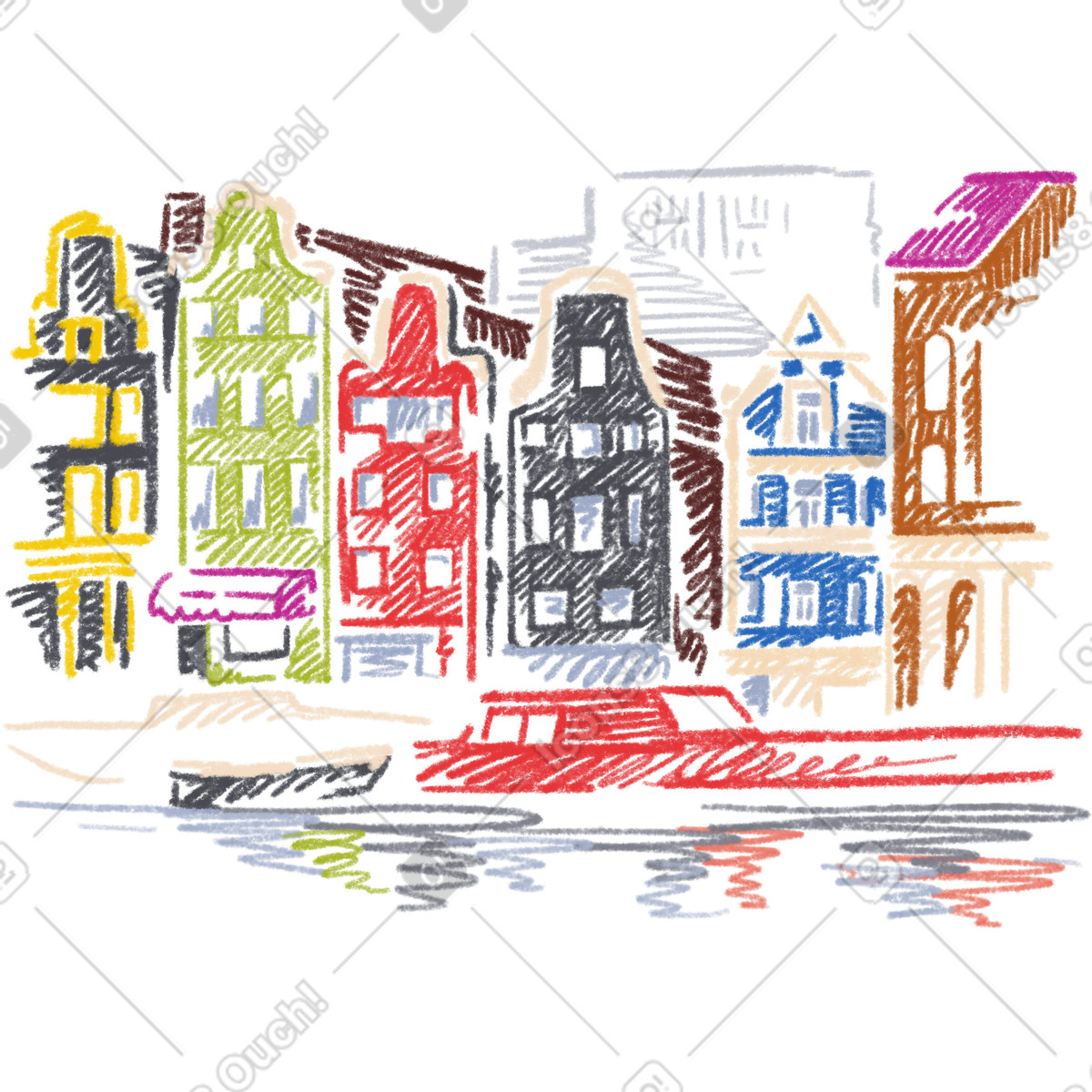 Ilustración Urban view with houses and boats en estilo Sketchbook a descargar en PNG y SVG