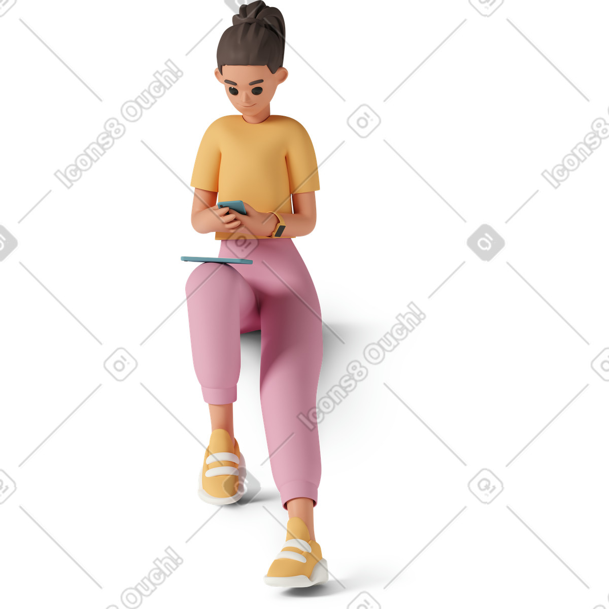 3D Casual life 스타일의 Young woman sitting with tablet on leg and phone in hand 일러스트레이션 PNG, SVG 다운로드