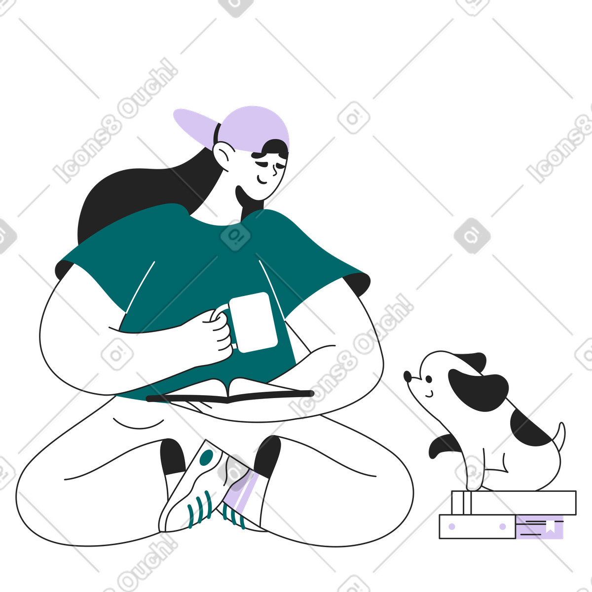 Sammy Line 스타일의 Sitting and reading with coffee cup dog on books, Quiet personal time 일러스트레이션 PNG, SVG 다운로드