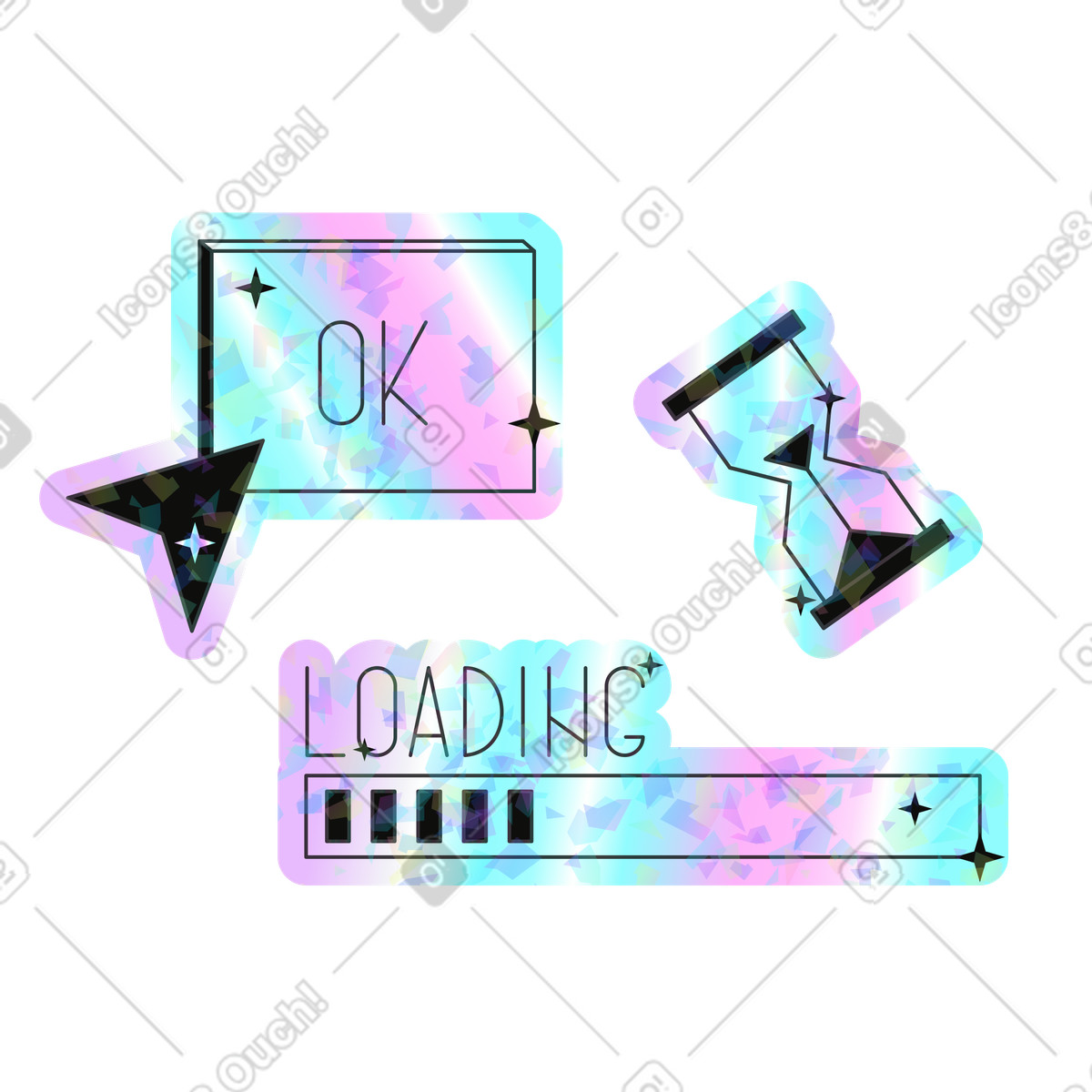 Loading symbols and OK button illustration in Holostickers style download in PNG, SVG