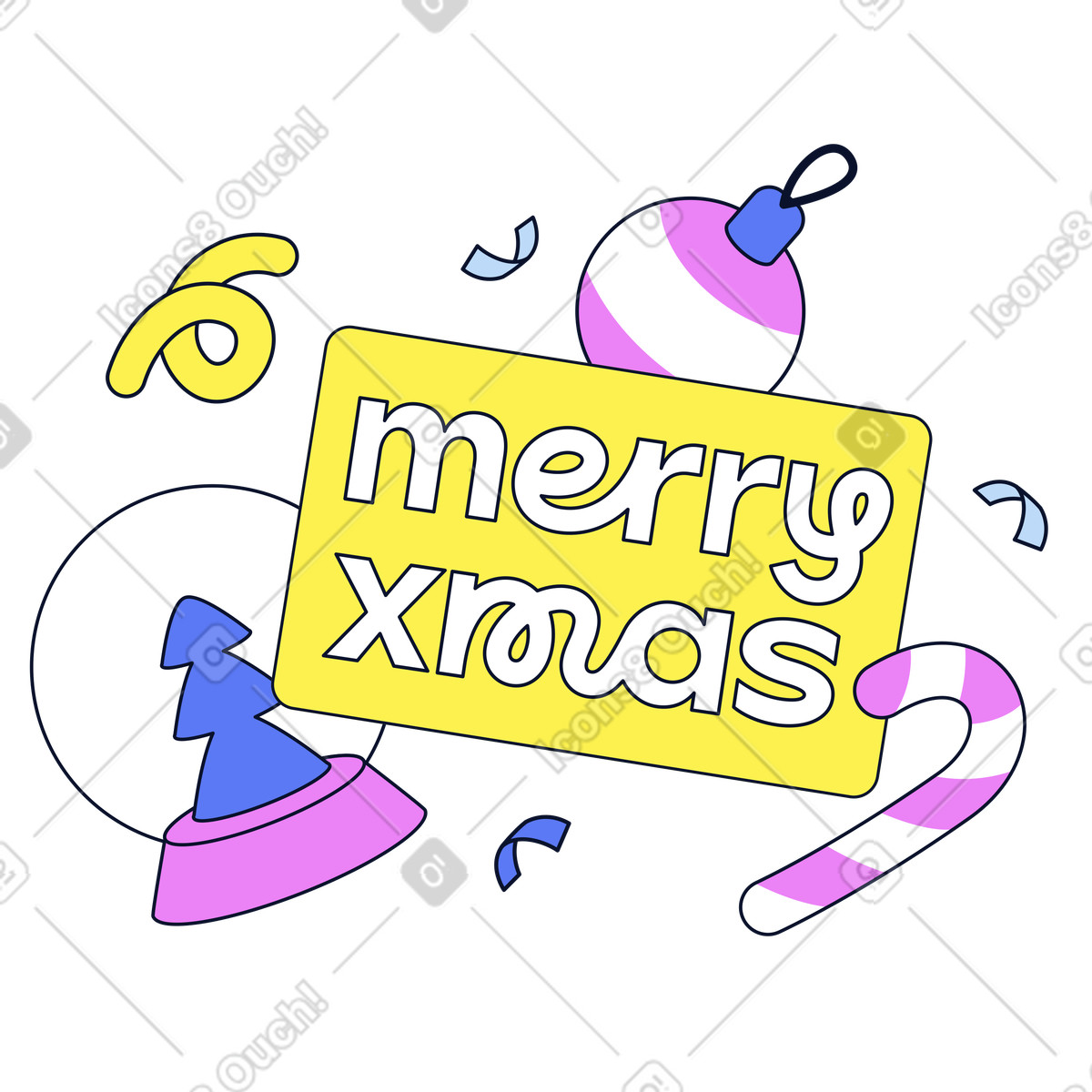 Playful Merry Xmas lettering with decorations, Festive holiday message animated illustration in Flexy style download in GIF, Lottie (JSON), AE