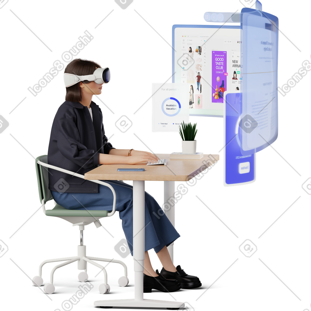 3D Hygge 스타일의 Young woman working in vr headset 일러스트레이션 PNG, SVG 다운로드
