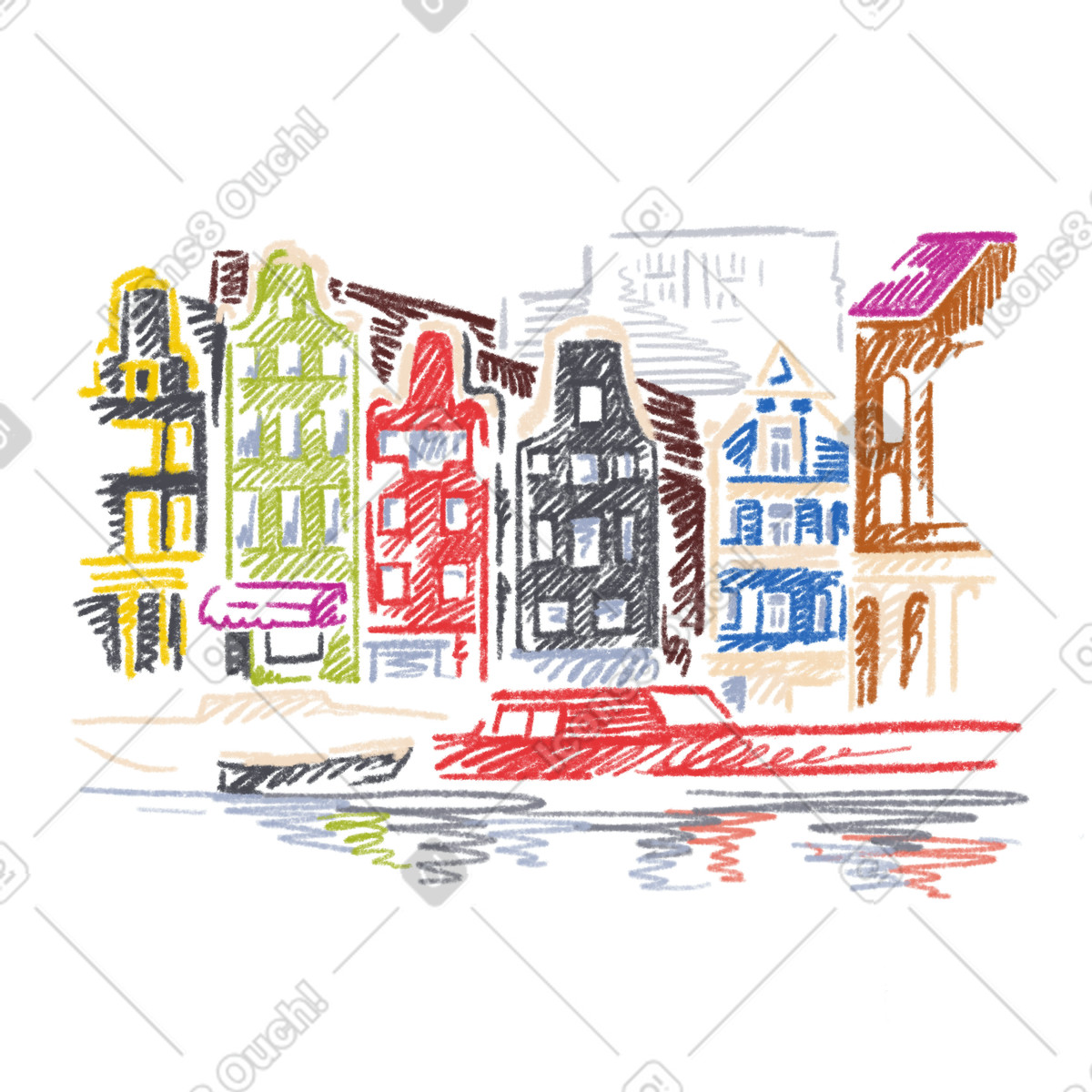 Amsterdam, canal houses and boat illustration in Sketchbook style download in PNG, SVG