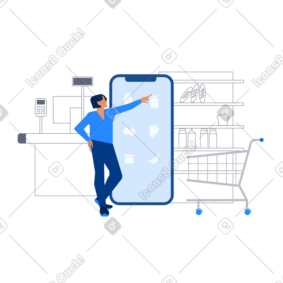 Buyer using smartphone for online grocery shopping, Digital supermarket experience illustrazione in stile Urban scarica in PNG, SVG