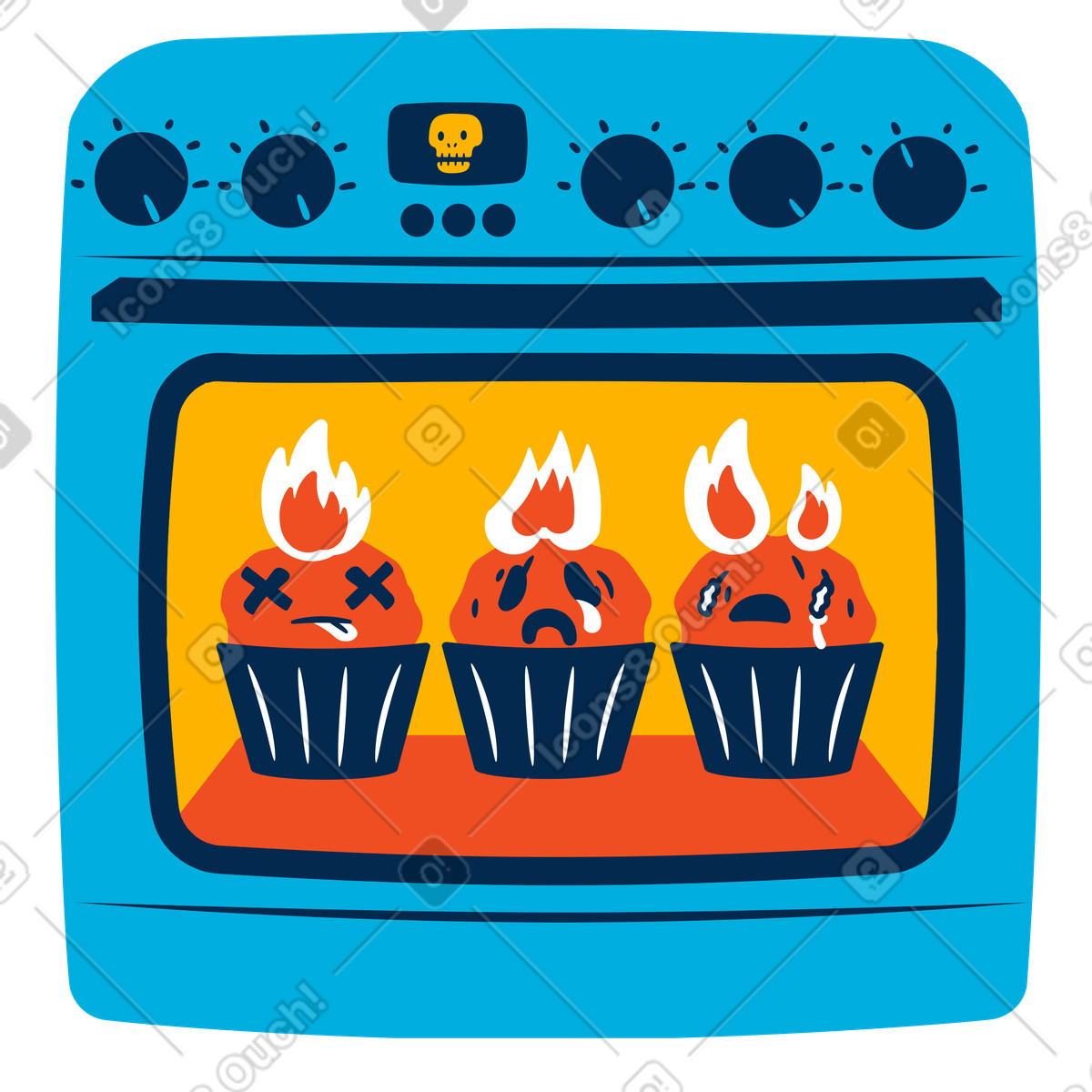 Burnt cupcakes in oven, Cooking mistake or food disaster-Illustration im Flame-Stil als Download PNG, SVG