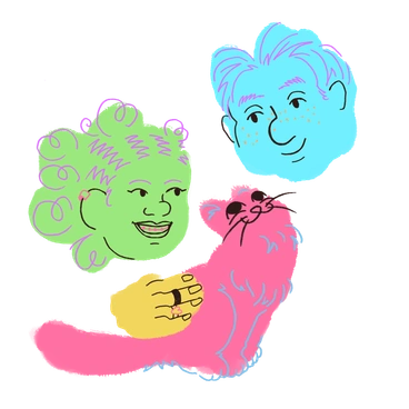Two cartoonish faces and a colorful cat - Blobby style illustration