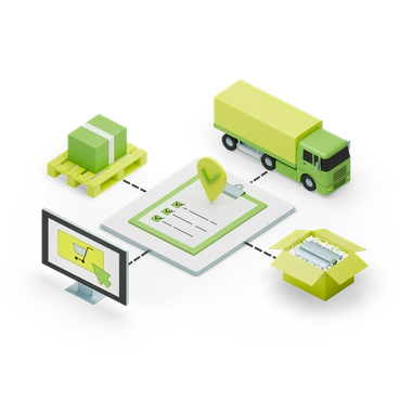 Delivery process with truck, package, and checklist - 3D Isometric style illustration