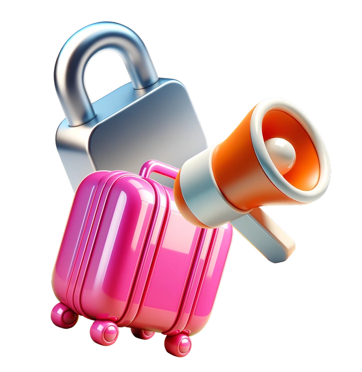 A pink suitcase with a lock and megaphone - 3D Mini style illustration