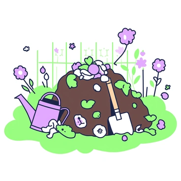 A backyard compost pile is situated in a garden area surrounded by lush green grass. The compost pile is composed of various food scraps, such as vegetable peels and fruit cores, as well as garden waste like dried leaves and small branches. A small shovel leans against the side of the pile. Nearby, a few butterflies flutter around, and a watering can is placed on the ground. In the background, a fence and several flowering plants add to the garden setting.