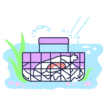 A crab trap is submerged in shallow water. The trap has a rectangular frame made of metal mesh, with open entrances to attract crabs. Inside the trap, there is a chicken leg set as bait, partially submerged and positioned in the center. The water is clear, allowing visibility of small pebbles and sandy bottom beneath. Lush green seaweed sways gently nearby, and a few bubbles rise from the trap, hinting at movement beneath the surface. A sunbeam filters through the water, casting soft shadows around the trap.