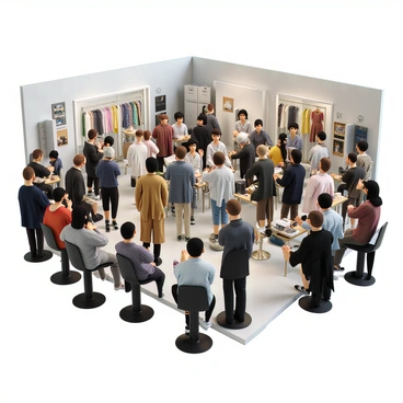 A bustling backstage area filled with fashion designers and models. The designers, both male and female, are engaged in discussions while adjusting clothing pieces. Models of diverse ethnic backgrounds are in various stages of preparation, some sitting in front of mirrors applying makeup, while others are adjusting their outfits or practicing their walks. Mannequins displaying outfits are scattered throughout the space. The atmosphere is lively, with the sound of chatter and soft music playing in the background. The walls are adorned with sketches and fabric swatches, and racks of clothing are neatly organized around the room.