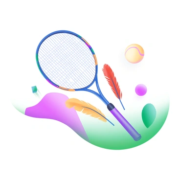 A modern pastel illustration featuring a badminton racket with a sleek design. The racket is adorned with colorful feathers in vibrant shades of red, blue, and yellow, which are delicately hanging from its frame. The strings of the racket are neatly woven, showcasing their tension. In the background, there are abstract shapes and soft gradients that complement the colors of the feathers, enhancing the overall composition.