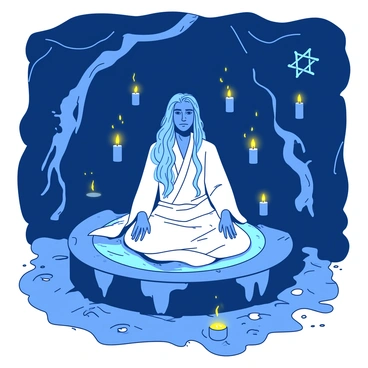 An ancient oracle is seated on a stone altar in a dimly lit cavern. The oracle has flowing white robes and a serene expression, with long gray hair cascading down their shoulders. Surrounding the oracle are numerous floating candles that emit a soft glow, illuminating the space. Mystical symbols are engraved on the walls of the cavern, glowing faintly in shades of blue and yellow. The atmosphere is filled with an air of mystery and magic, as shadows dance along the cavern walls.