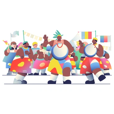 A group of drummers is performing at a cultural festival. They are wearing vibrant costumes featuring bold patterns and bright colors, including red, blue, and yellow. Each drummer is holding a large, decorative drum, and their drumsticks are raised, ready to strike. The drummers are positioned in a semi-circle, with one drummer in a feathered headdress at the center. In the background, festival-goers are watching with excitement, and colorful banners are fluttering in the breeze. The scene is filled with a sense of energy and rhythm as the drummers engage the audience with their performance.